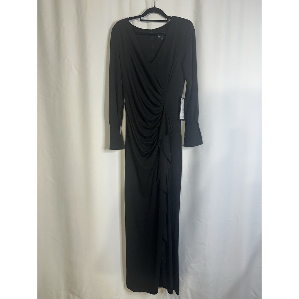 Xscape Womens LEXI Scuba Black Ruffled Long Formal Dress Gown Ruched SIZE 12 NEW